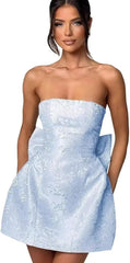 Blue Jacquard Graduation Dress Satin Strapless Short Party Dress with Bowknot