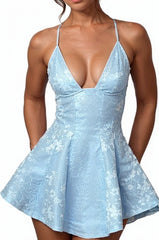 Blue Jacquard Graduation Dress Satin Halter A Line Short Party Dress