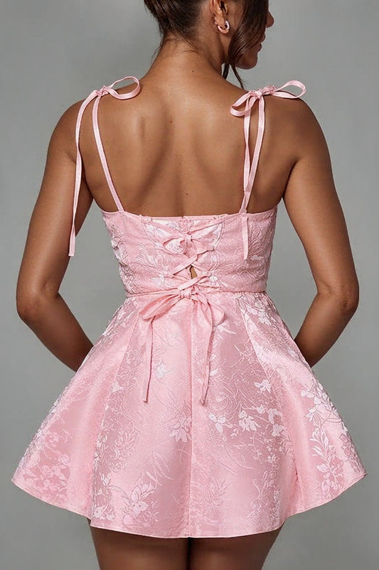 Pink Jacquard Graduation Dress Satin Spaghetti Straps Short Party Dress