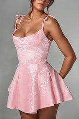 Pink Jacquard Graduation Dress Satin Spaghetti Straps Short Party Dress