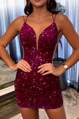 Black Spaghetti Straps Backless Sequin Short Graduation Dress