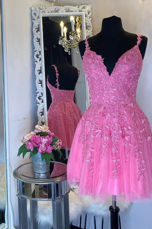 Pink A-Line Sleeveless Short Graduation Dress with Lace Appliques