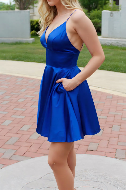 Royal Blue A-Line Spaghetti Straps Satin Short Graduation Dress