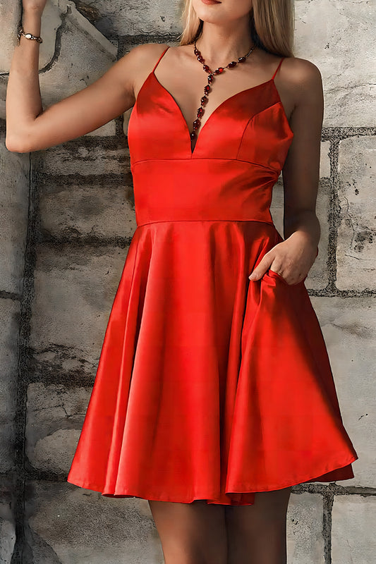 Red A-Line Spaghetti Straps Satin Short Graduation  Dress