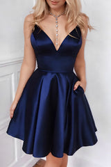 Royal Blue A-Line Spaghetti Straps Satin Short Graduation Dress