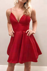 Fuchsia A-Line Spaghetti Straps Satin Short Graduation Dress