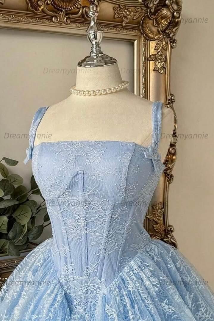 Baby Blue Lace Corset Ball Gown Homecoming Dress with Bow Straps