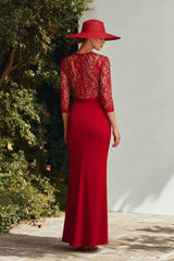 Dreamyannie Lace Red V Neck Mermaid Long Mother Of The Bride Dress With Sleeves