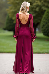 Backless Long Burgundy Wedding Guest Dress V-Neck Chiffon Formal Dress With Slit
