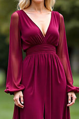 Backless Long Burgundy Wedding Guest Dress V-Neck Chiffon Formal Dress With Slit