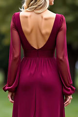 Backless Long Burgundy Wedding Guest Dress V-Neck Chiffon Formal Dress With Slit