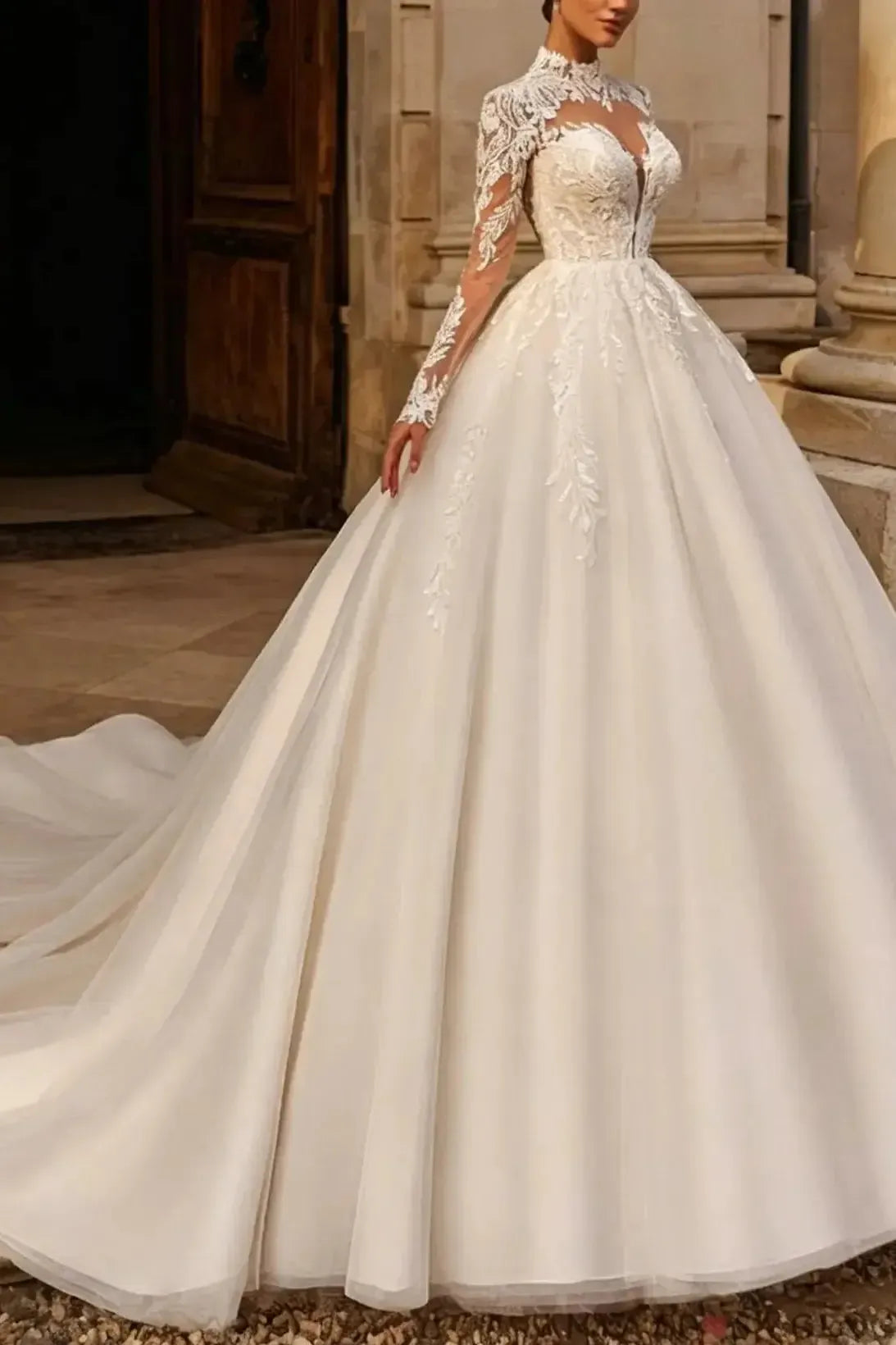 Ball Gown High Neck Long Sleeves Chapel Train Satin Tulle Organza Wedding Dress with Appliques