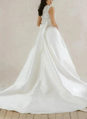 Ball Gown High Neck Sleeveless Chapel Train Lace Wedding Dress with Bow and Pockets