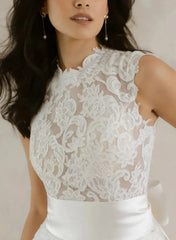Ball Gown High Neck Sleeveless Chapel Train Lace Wedding Dress with Bow and Pockets