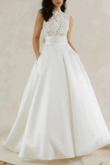 Ball Gown High Neck Sleeveless Chapel Train Lace Wedding Dress with Bow and Pockets