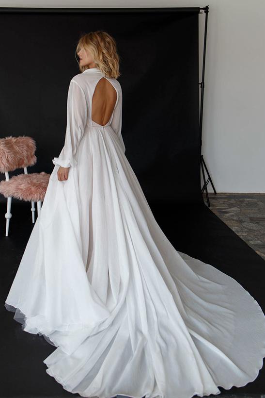Ball-Gown Long Sleeves Court Train Beach Wedding Dresses With Front Split