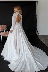 Ball-Gown Long Sleeves Court Train Beach Wedding Dresses With Front Split