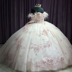 Ball Gown Off Shoulder Feather Flowers Lace Appliques Beaded Bow Knot Quinceanera Dress Princess Birthday Party Gown For Sweet 16