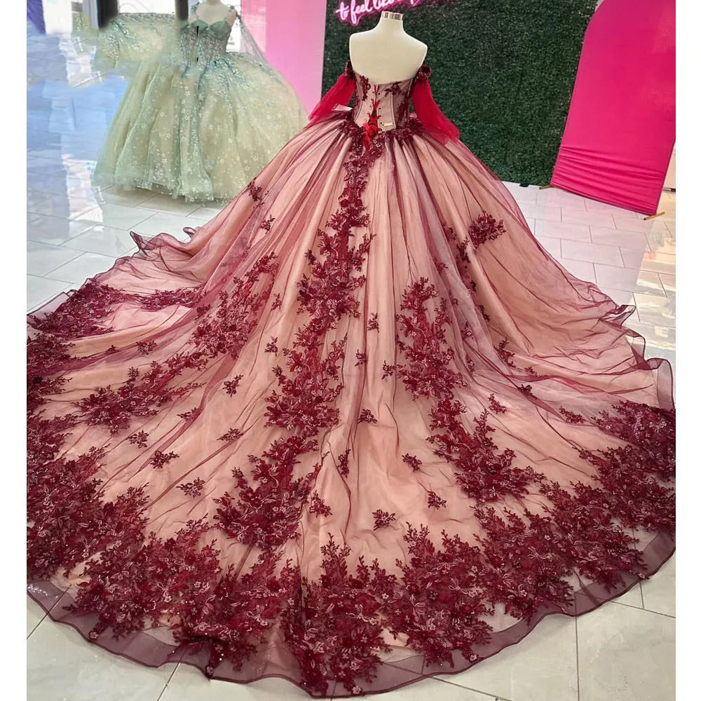 Ball Gown Off Shoulder Long Sleeves Beaded 3D Flower Lace Appliques Burgundy Tulle Princess Birthday Party Gown Quinceanera Dress For Sweet 16
