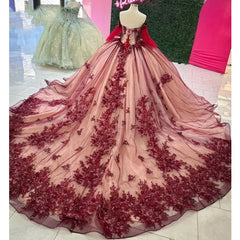 Ball Gown Off Shoulder Long Sleeves Beaded 3D Flower Lace Appliques Burgundy Tulle Princess Birthday Party Gown Quinceanera Dress For Sweet 16
