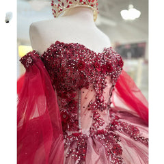 Ball Gown Off Shoulder Long Sleeves Beaded 3D Flower Lace Appliques Burgundy Tulle Princess Birthday Party Gown Quinceanera Dress For Sweet 16