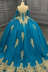 Ball Gown Off Shoulder Long Sleeves Beaded 3D Gold Appliques Lake Blue Tulle Quinceanera Dress Birthday Party Gown For Sweet 16