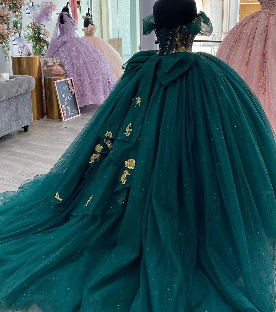 Dreamyannie UK Ball Gown Off Shoulder Puffy Sleeves Flower Lace Appliques Emerald Green Tulle Princess Gown Quinceanera Dress For Sweet 16 Dreamyannie UK Ball Gown Off Shoulder Puffy Sleeves Flower Lace Appliques Emerald Green Tulle Princess Gown Quinceanera Dress For Sweet 16