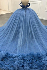 Ball Gown Off Shoulder Sleeveless 3D Flower Appliques Baded Sequins Ruffles Tiered Sparkly Blue Tulle Formal Evening Party Dress Quinceanera Dress For Sweet 16