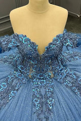 Ball Gown Off Shoulder Sleeveless 3D Flower Appliques Baded Sequins Ruffles Tiered Sparkly Blue Tulle Formal Evening Party Dress Quinceanera Dress For Sweet 16