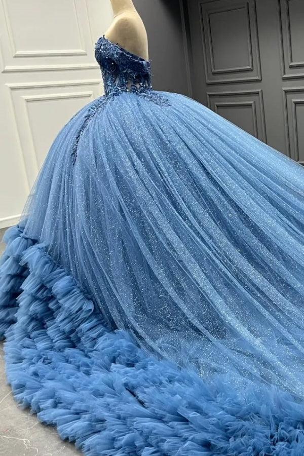 Ball Gown Off Shoulder Sleeveless 3D Flower Appliques Baded Sequins Ruffles Tiered Sparkly Blue Tulle Formal Evening Party Dress Quinceanera Dress For Sweet 16