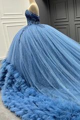 Ball Gown Off Shoulder Sleeveless 3D Flower Appliques Baded Sequins Ruffles Tiered Sparkly Blue Tulle Formal Evening Party Dress Quinceanera Dress For Sweet 16