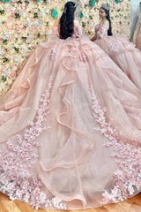 Ball Gown Off Shoulder Sleeveless 3D Flower Appliques Beaded Crystal Ruffles Pink Tulle Quinceanera Dress Formal Evening Dress Brthday Party Gown For Sweet 16