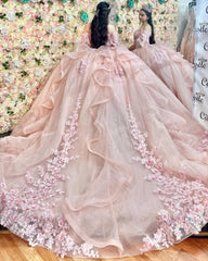 Ball Gown Off Shoulder Sleeveless 3D Flower Appliques Beaded Crystal Ruffles Pink Tulle Quinceanera Dress Formal Evening Dress Brthday Party Gown For Sweet 16