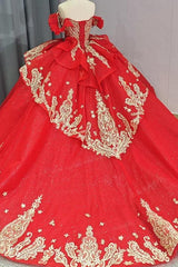 Ball Gown Off Shoulder Sleeveless 3D Flowers Beaded Sequins Gold Appliques Bow Knot Lace Up Sparkly Red Tulle Quinceanera Dress Birthday Party Dress For Sweet 16