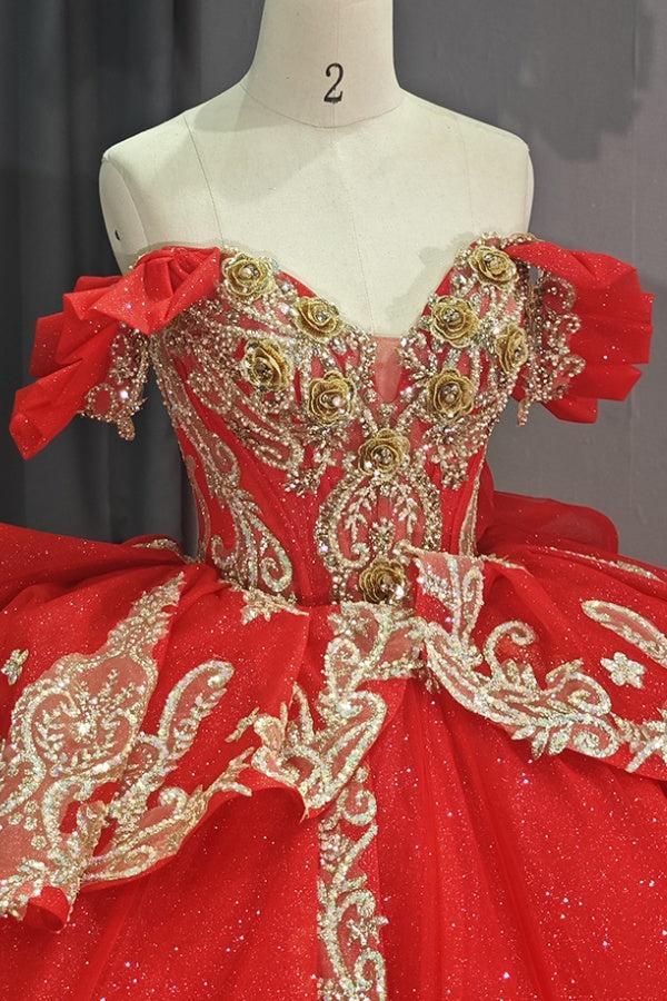 Ball Gown Off Shoulder Sleeveless 3D Flowers Beaded Sequins Gold Appliques Bow Knot Lace Up Sparkly Red Tulle Quinceanera Dress Birthday Party Dress For Sweet 16