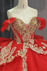 Ball Gown Off Shoulder Sleeveless 3D Flowers Beaded Sequins Gold Appliques Bow Knot Lace Up Sparkly Red Tulle Quinceanera Dress Birthday Party Dress For Sweet 16