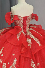 Ball Gown Off Shoulder Sleeveless 3D Flowers Beaded Sequins Gold Appliques Bow Knot Lace Up Sparkly Red Tulle Quinceanera Dress Birthday Party Dress For Sweet 16