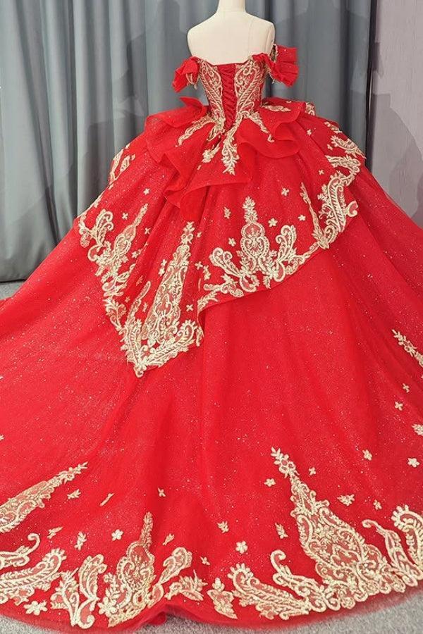 Ball Gown Off Shoulder Sleeveless 3D Flowers Beaded Sequins Gold Appliques Bow Knot Lace Up Sparkly Red Tulle Quinceanera Dress Birthday Party Dress For Sweet 16