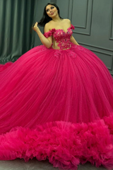 Ball Gown Off Shoulder Sleeveless Appliques Beaded Pleated Glitter Hot Pink Tulle Quinceanera Dress Birthday Party Dress