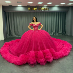 Ball Gown Off Shoulder Sleeveless Appliques Beaded Pleated Glitter Hot Pink Tulle Quinceanera Dress Birthday Party Dress