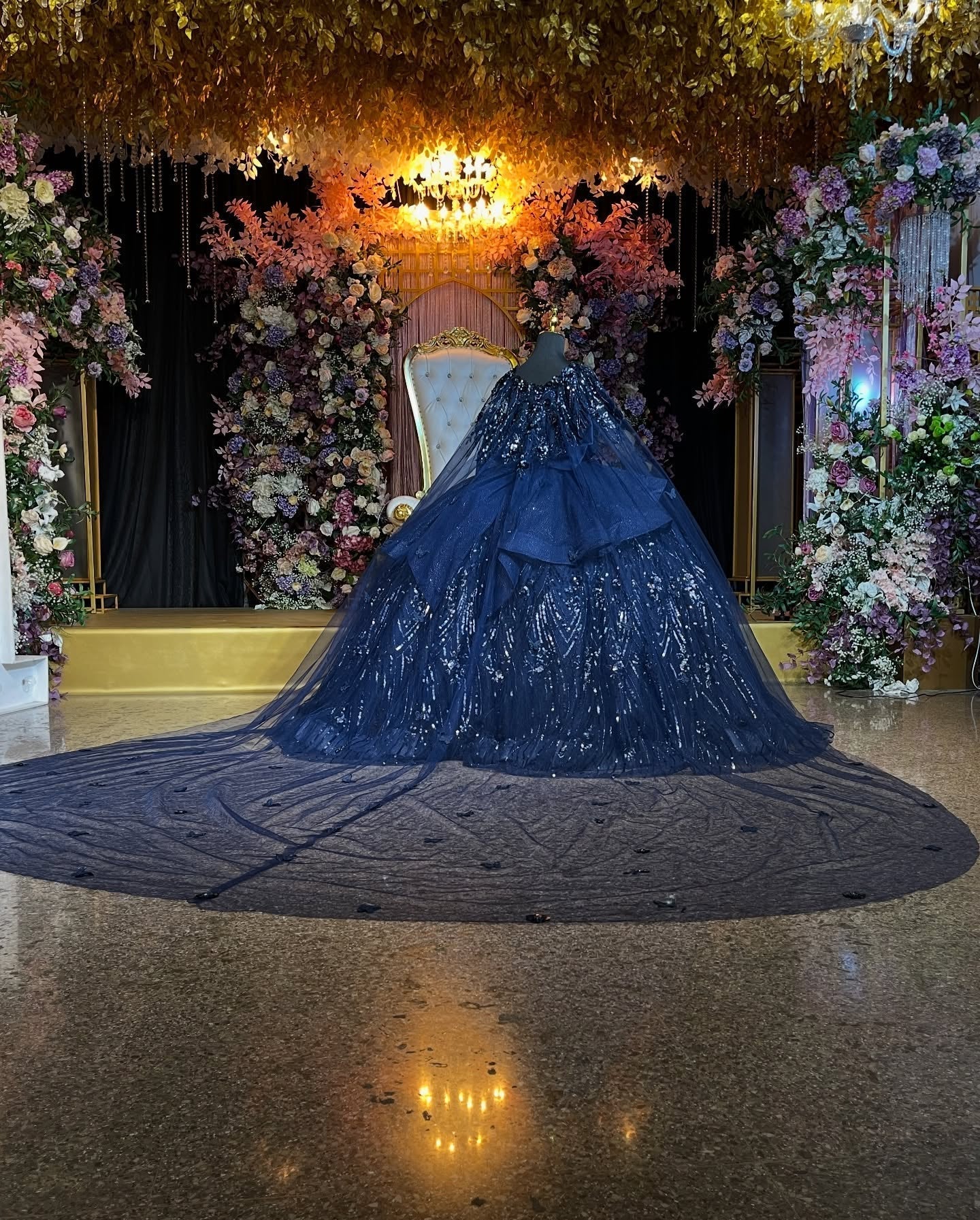 Ball Gown Off Shoulder Sleeveless Beaded 3D Flowers Appliques Bow Knot Shawl Sparkly Dark Navy Tulle Quinceanera Dress Formal Evening Gown Birthday Party Dress For Sweet 16