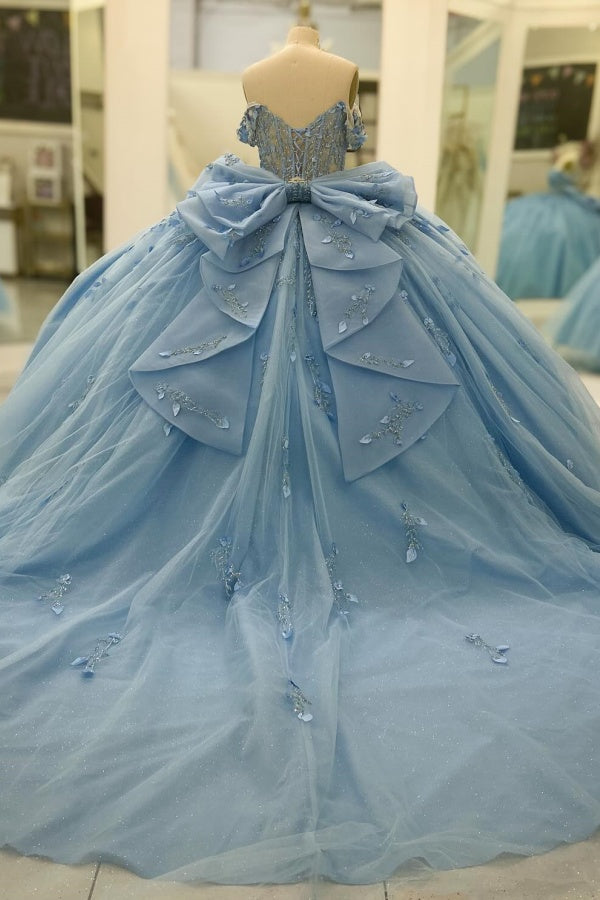 Ball Gown Off Shoulder Sleeveless Beaded 3D Flowers Appliques Bow Knote Tiered Sparkly Baby Blue Tulle Quinceanera Dress Formal Evening Gown Birthday Dress For Sweet 16