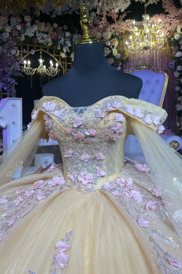 Ball Gown Off Shoulder Sleeveless Beaded 3D Flowers Appliques Shawl Champagne Tulle Quinceanera Dress Birthday Party Dress Evening Gown For Sweet 16