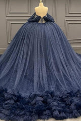 Ball Gown Off Shoulder Sleeveless Beaded Crystal Pleated Sequins Ruffles Tiered Lace Up Sparkly Dark Navy Tulle Quinceanera Dress Formal Evening Party Gown For Sweet 16