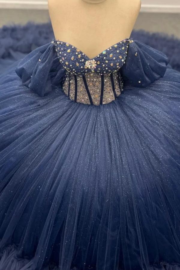 Ball Gown Off Shoulder Sleeveless Beaded Crystal Pleated Sequins Ruffles Tiered Lace Up Sparkly Dark Navy Tulle Quinceanera Dress Formal Evening Party Gown For Sweet 16