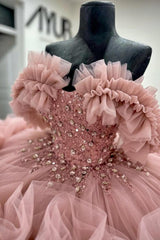Ball Gown Off Shoulder Sleeveless Beaded Crystal Sequins Ruched Tiered Pink Tulle Quinceanera Dress Birthday Party Dress Evening Formal Gown