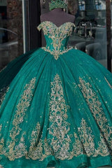 Ball Gown Off Shoulder Sleeveless Beaded Gold Appliques Lace Up Detachable Dress Sparkly Dark Green Tulle Quinceanera Dress Formal Evening Gown For Sweet 16