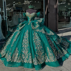 Ball Gown Off Shoulder Sleeveless Beaded Gold Appliques Lace Up Detachable Dress Sparkly Dark Green Tulle Quinceanera Dress Formal Evening Gown For Sweet 16