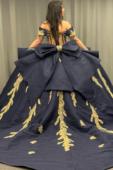 Ball Gown Off Shoulder Sleeveless Beaded Gold Appliques Pleated Bow Knot Glitter Dark Navy Satin Quinceanera Dress Birthday Party Dress For Sweet 16