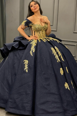 Ball Gown Off Shoulder Sleeveless Beaded Gold Appliques Pleated Bow Knot Glitter Dark Navy Satin Quinceanera Dress Birthday Party Dress For Sweet 16